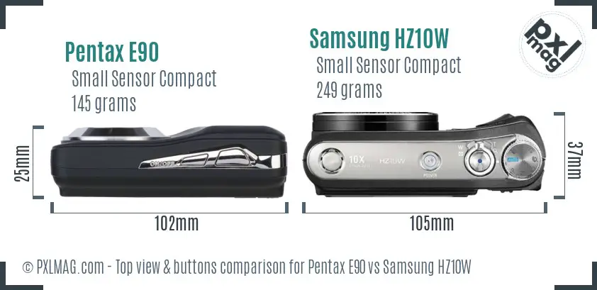 Pentax E90 vs Samsung HZ10W top view buttons comparison