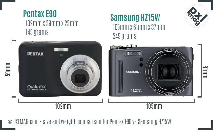 Pentax E90 vs Samsung HZ15W size comparison