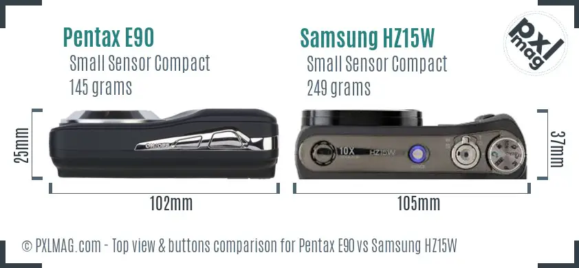 Pentax E90 vs Samsung HZ15W top view buttons comparison