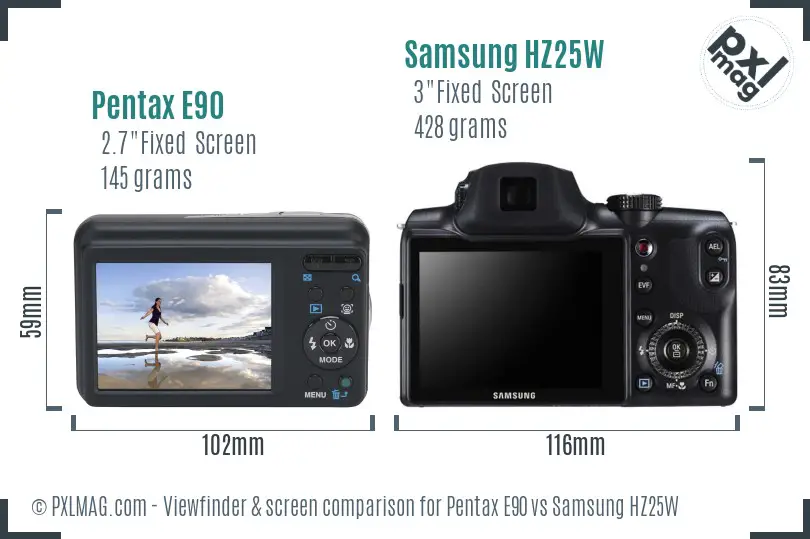 Pentax E90 vs Samsung HZ25W Screen and Viewfinder comparison