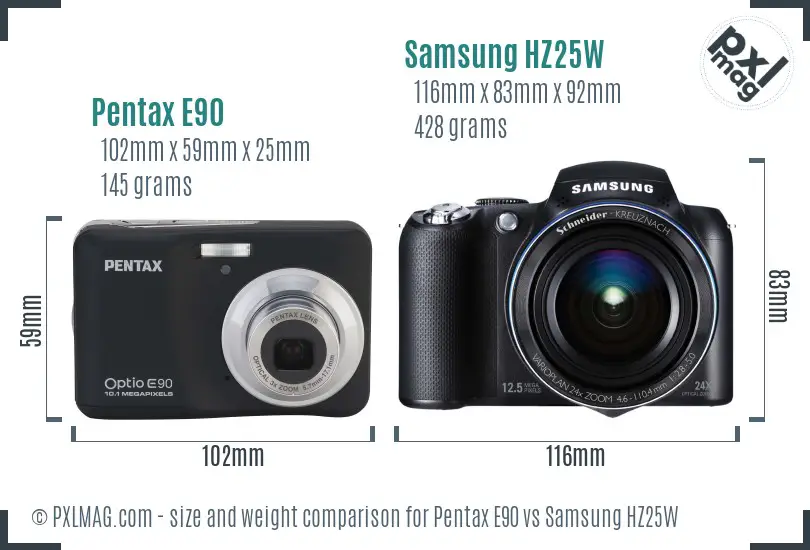 Pentax E90 vs Samsung HZ25W size comparison