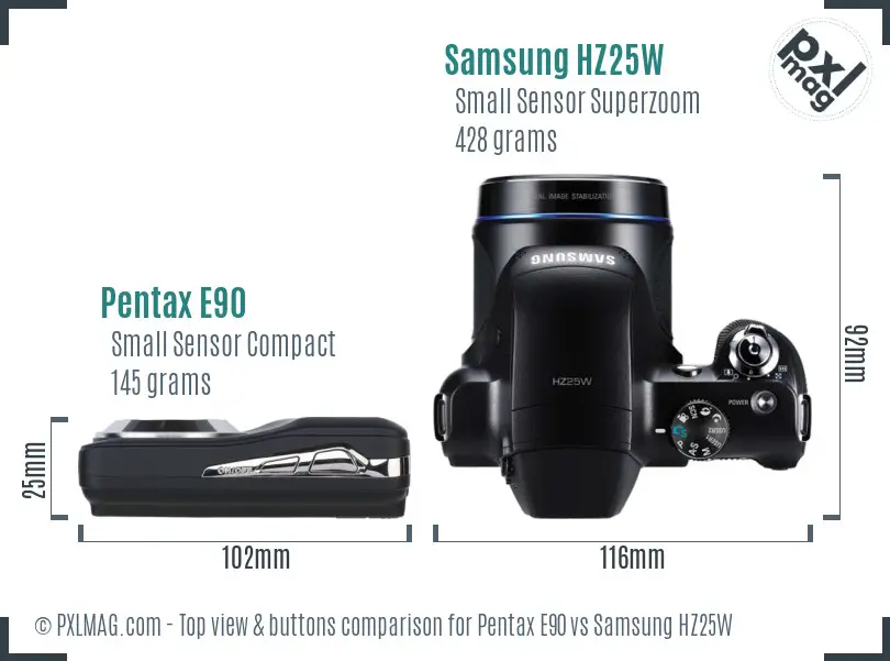 Pentax E90 vs Samsung HZ25W top view buttons comparison