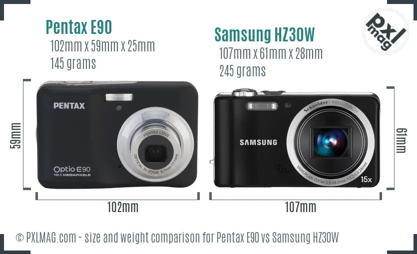 Pentax E90 vs Samsung HZ30W size comparison
