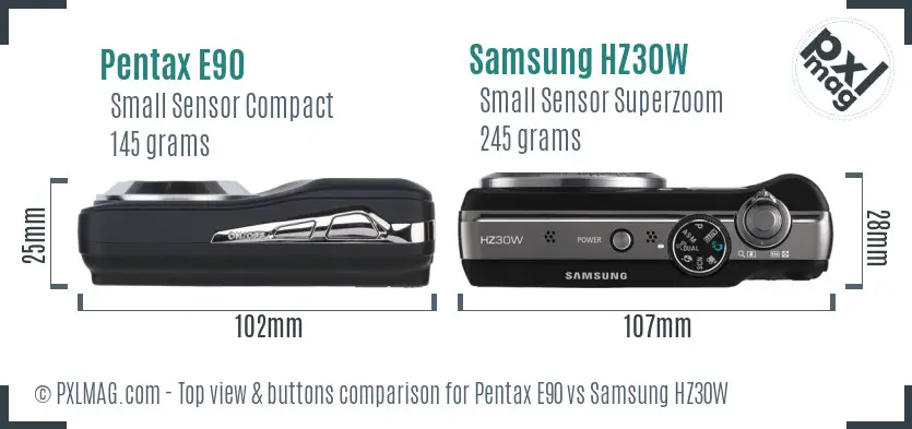 Pentax E90 vs Samsung HZ30W top view buttons comparison