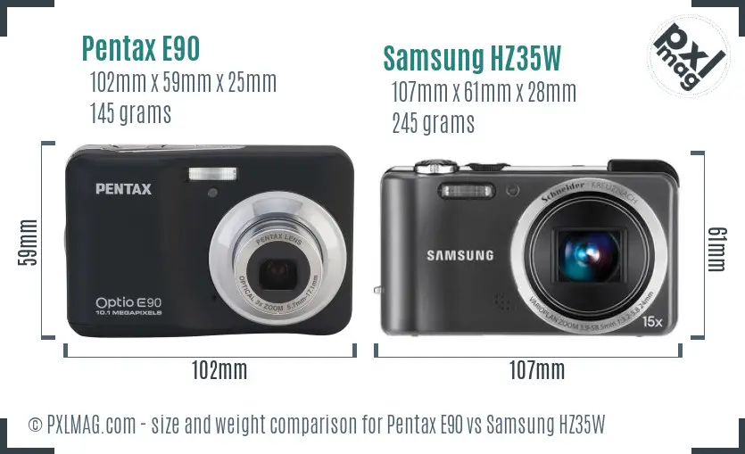 Pentax E90 vs Samsung HZ35W size comparison