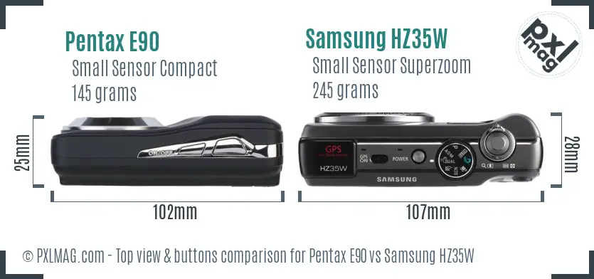 Pentax E90 vs Samsung HZ35W top view buttons comparison