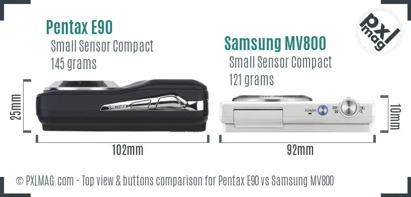 Pentax E90 vs Samsung MV800 top view buttons comparison Pentax E90 vs Samsung MV800 top view buttons comparison