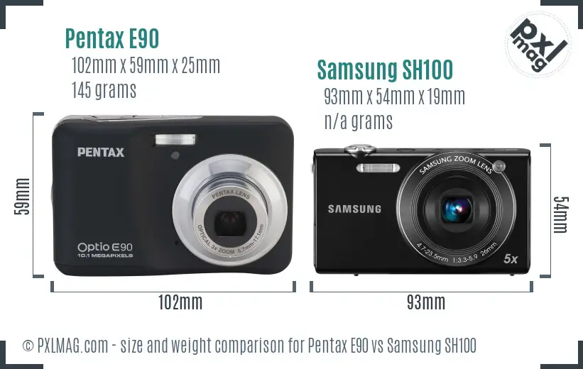 Pentax E90 vs Samsung SH100 size comparison