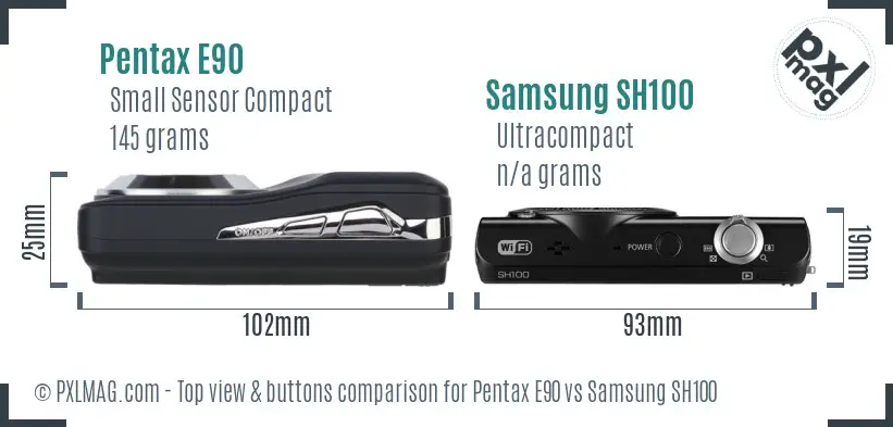 Pentax E90 vs Samsung SH100 top view buttons comparison