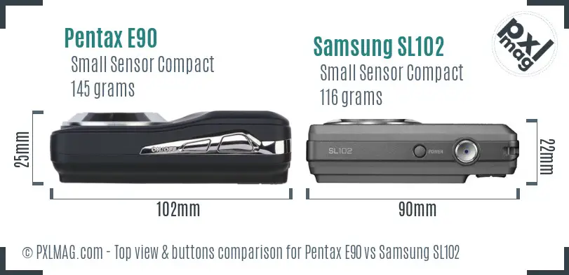 Pentax E90 vs Samsung SL102 top view buttons comparison