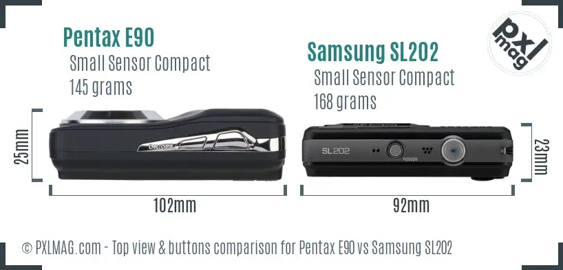Pentax E90 vs Samsung SL202 top view buttons comparison