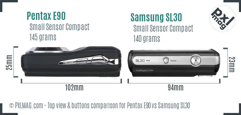 Pentax E90 vs Samsung SL30 top view buttons comparison Pentax E90 vs Samsung SL30 top view buttons comparison
