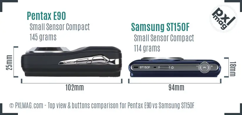 Pentax E90 vs Samsung ST150F top view buttons comparison Pentax E90 vs Samsung ST150F top view buttons comparison