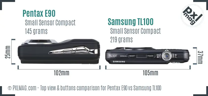 Pentax E90 vs Samsung TL100 top view buttons comparison