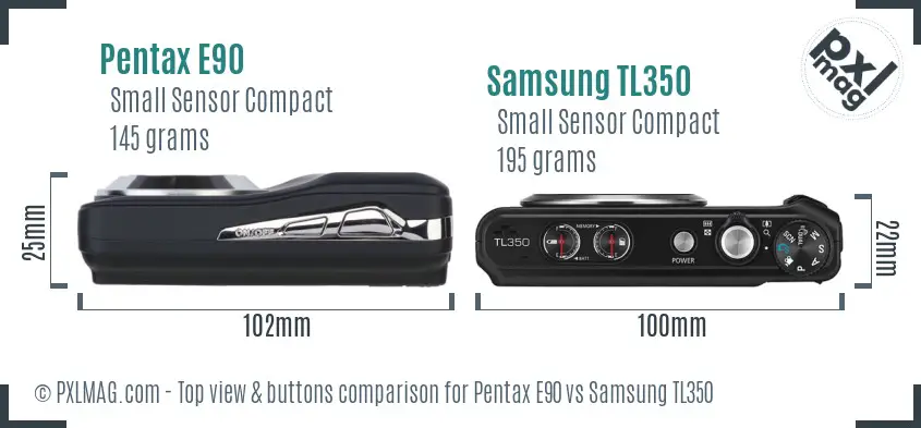 Pentax E90 vs Samsung TL350 top view buttons comparison