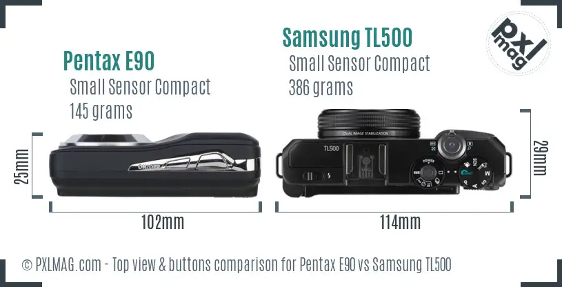 Pentax E90 vs Samsung TL500 top view buttons comparison
