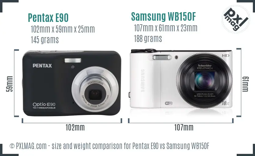 Pentax E90 vs Samsung WB150F size comparison