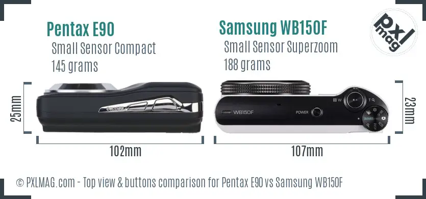 Pentax E90 vs Samsung WB150F top view buttons comparison