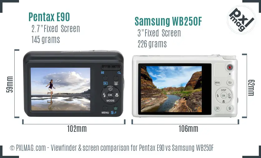 Pentax E90 vs Samsung WB250F Screen and Viewfinder comparison