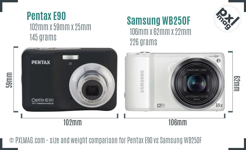 Pentax E90 vs Samsung WB250F size comparison