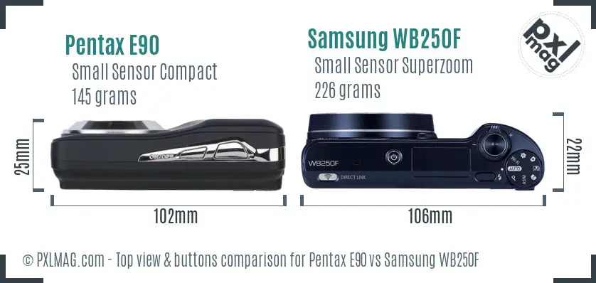 Pentax E90 vs Samsung WB250F top view buttons comparison