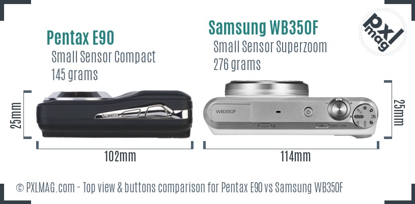 Pentax E90 vs Samsung WB350F top view buttons comparison