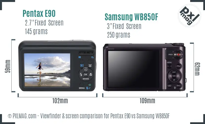 Pentax E90 vs Samsung WB850F Screen and Viewfinder comparison