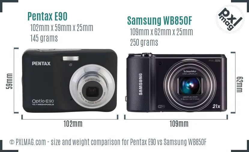 Pentax E90 vs Samsung WB850F size comparison