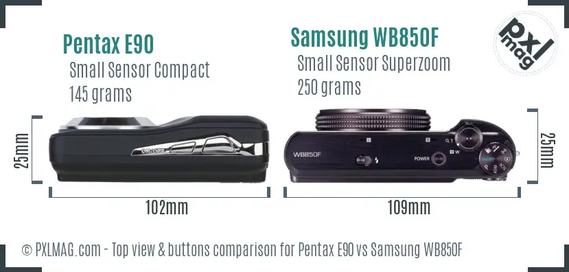 Pentax E90 vs Samsung WB850F top view buttons comparison