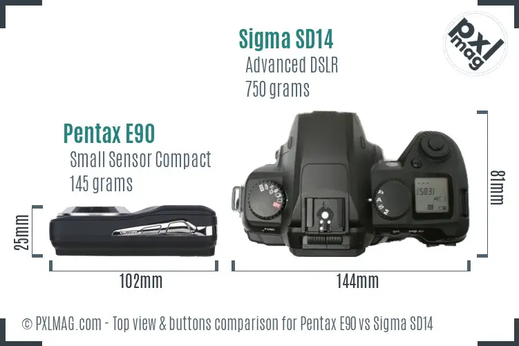 Pentax E90 vs Sigma SD14 top view buttons comparison