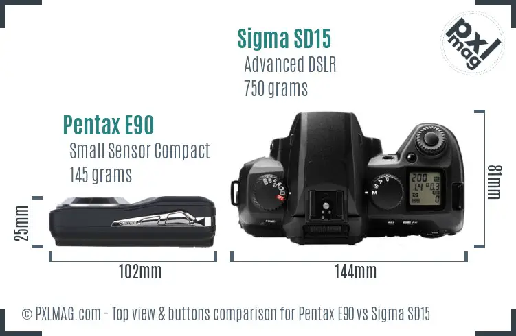 Pentax E90 vs Sigma SD15 top view buttons comparison