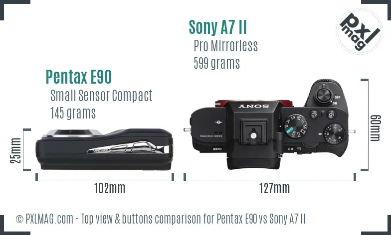Pentax E90 vs Sony A7 II top view buttons comparison