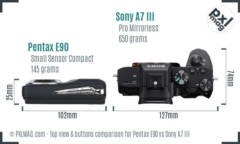 Pentax E90 vs Sony A7 III top view buttons comparison Pentax E90 vs Sony A7 III top view buttons comparison