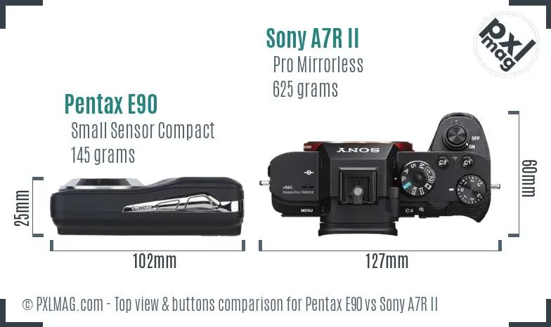 Pentax E90 vs Sony A7R II top view buttons comparison