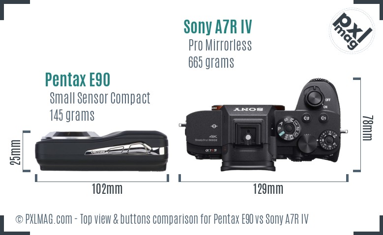 Pentax E90 vs Sony A7R IV top view buttons comparison