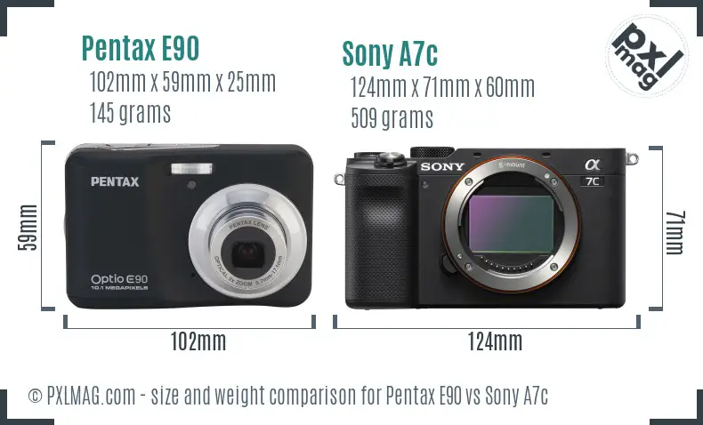 Pentax E90 vs Sony A7c size comparison