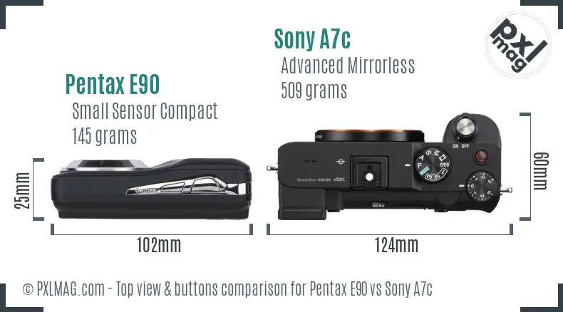 Pentax E90 vs Sony A7c top view buttons comparison