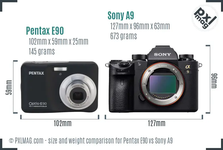 Pentax E90 vs Sony A9 size comparison