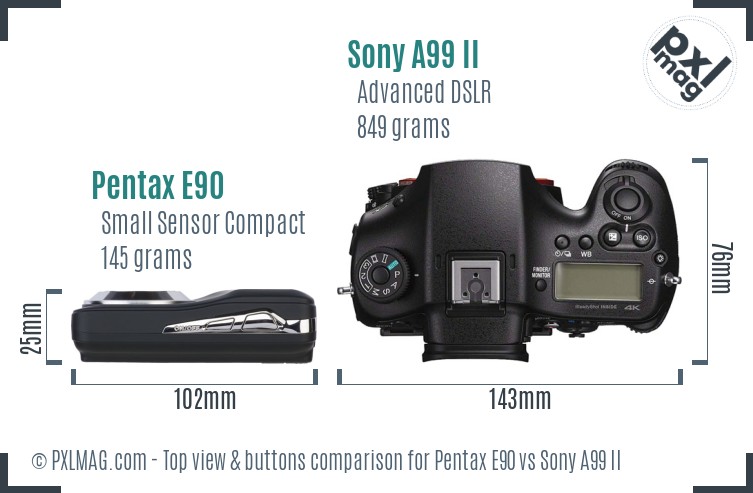 Pentax E90 vs Sony A99 II top view buttons comparison