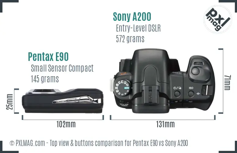 Pentax E90 vs Sony A200 top view buttons comparison