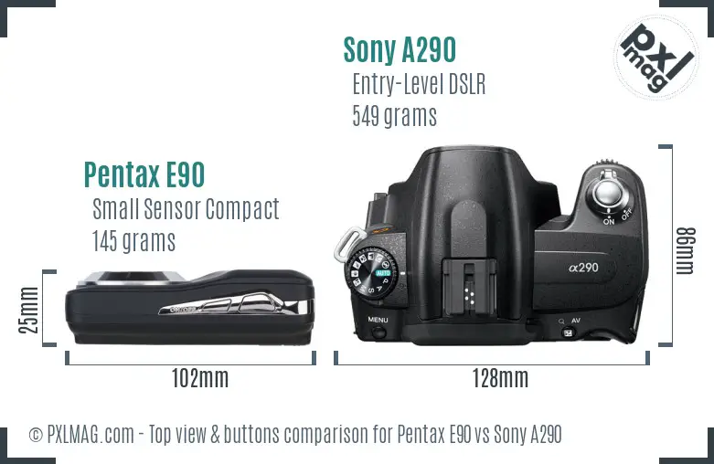 Pentax E90 vs Sony A290 top view buttons comparison