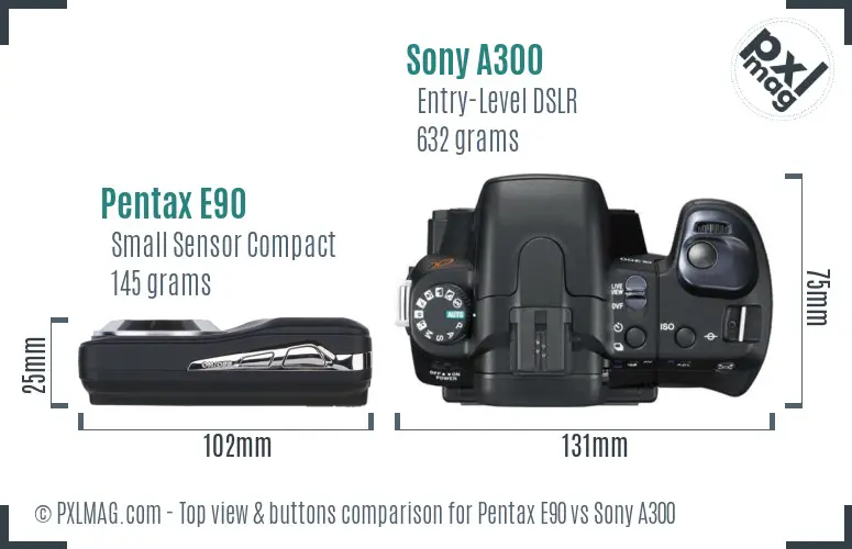 Pentax E90 vs Sony A300 top view buttons comparison