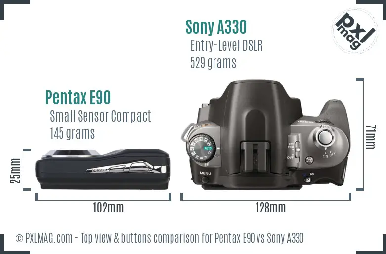 Pentax E90 vs Sony A330 top view buttons comparison
