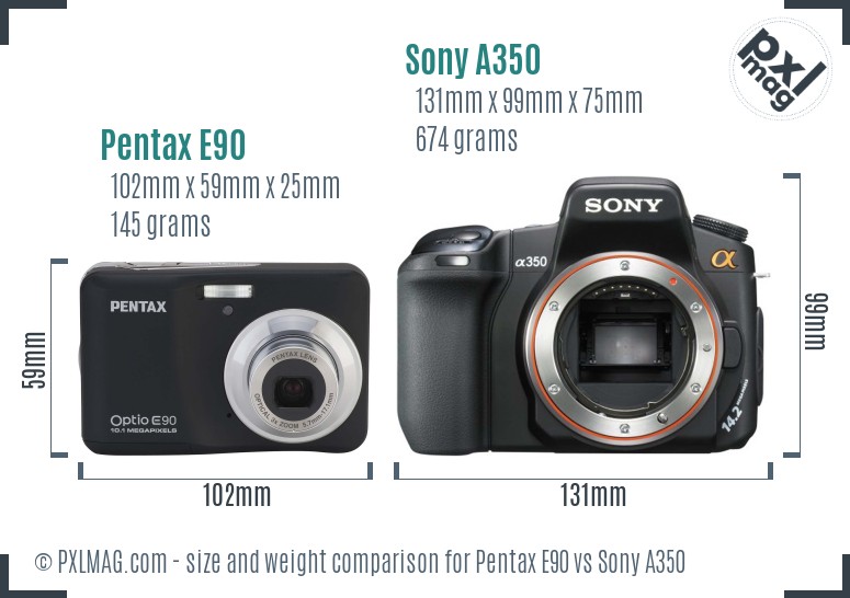 Pentax E90 vs Sony A350 size comparison