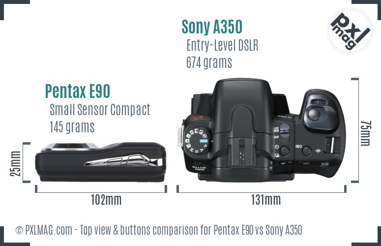 Pentax E90 vs Sony A350 top view buttons comparison