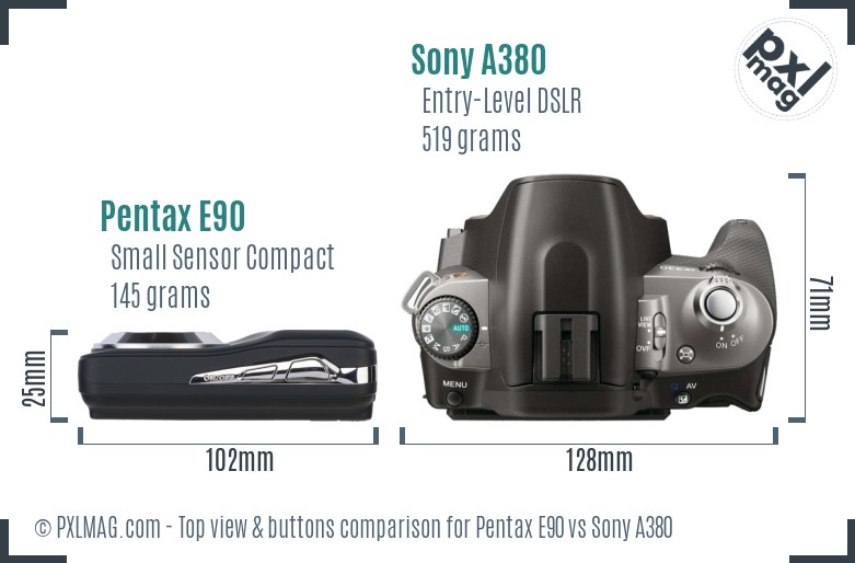 Pentax E90 vs Sony A380 top view buttons comparison