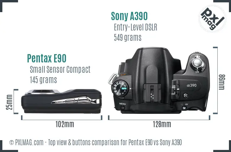 Pentax E90 vs Sony A390 top view buttons comparison Pentax E90 vs Sony A390 top view buttons comparison