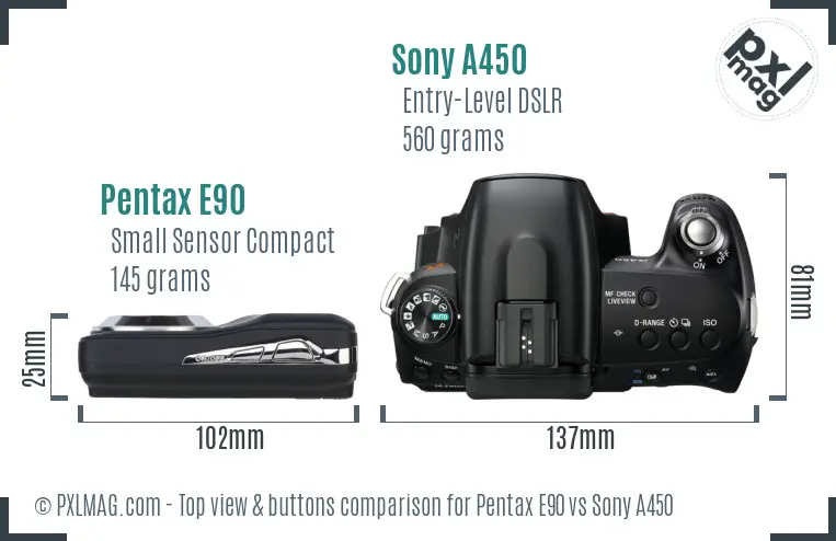 Pentax E90 vs Sony A450 top view buttons comparison Pentax E90 vs Sony A450 top view buttons comparison