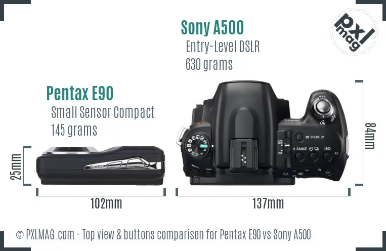 Pentax E90 vs Sony A500 top view buttons comparison Pentax E90 vs Sony A500 top view buttons comparison