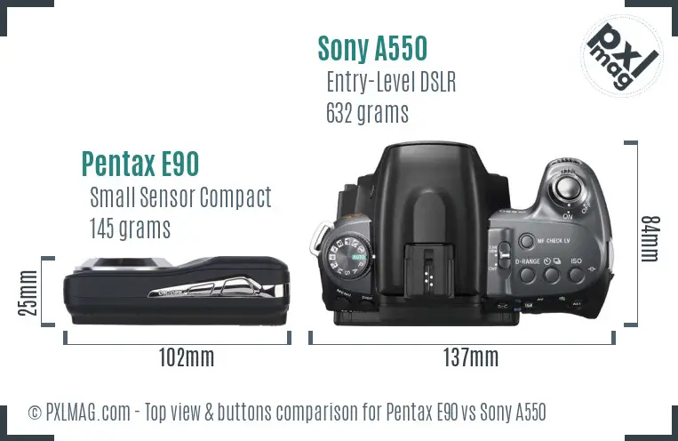 Pentax E90 vs Sony A550 top view buttons comparison Pentax E90 vs Sony A550 top view buttons comparison